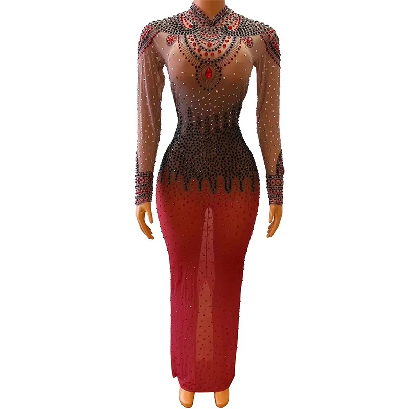

Black Red Rhinestone Transparent Dress Bar Dancer Prom Show Outfit Wedding Evening Birthday Celebrate Party Dance Long Dress