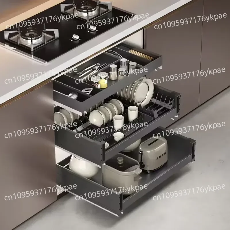 Cabinet Basket Aluminum Alloy Double-layer Drawer Type Bowl Basket Built-in Dish Rack Storage Dishes Basket Pot Flat