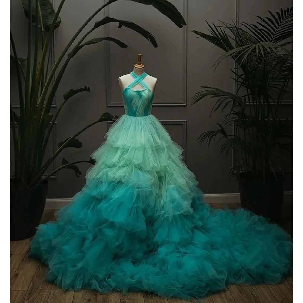 Ombre Colored Prom Gowns Layered Halter Mint A Line Maxi Party Dresses Custom Made Dubai Long Prom Gown Ruffled Lush