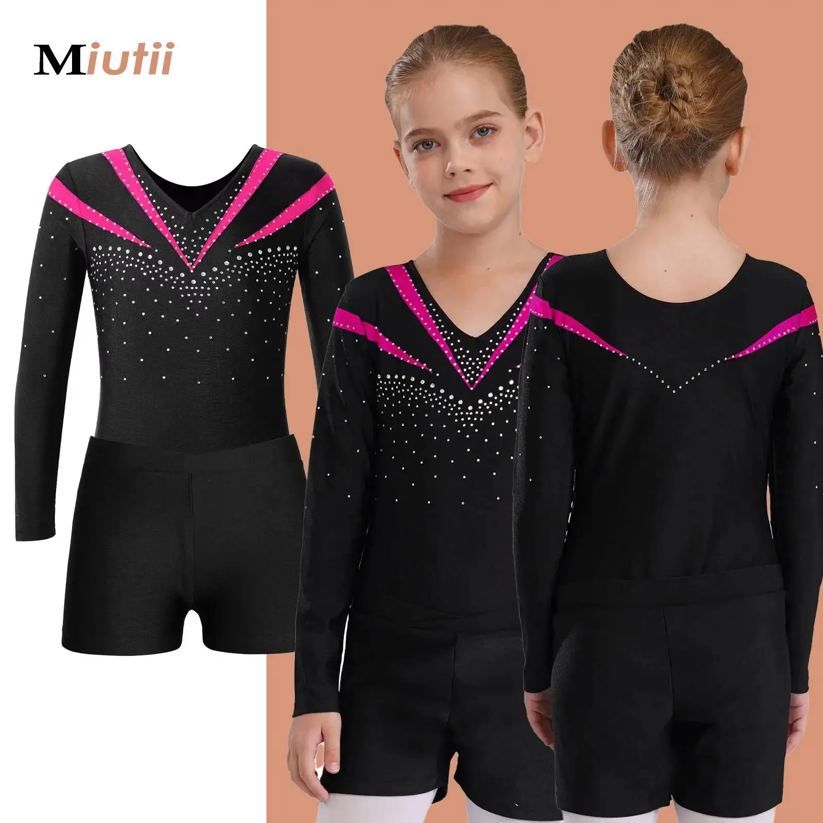 

Kids Girls Gymnastics Jersey Bodysuit Dancewear Set Ballet Dance Leotard with Body Shorts Long Sleeve Workout Sportswear Outfits