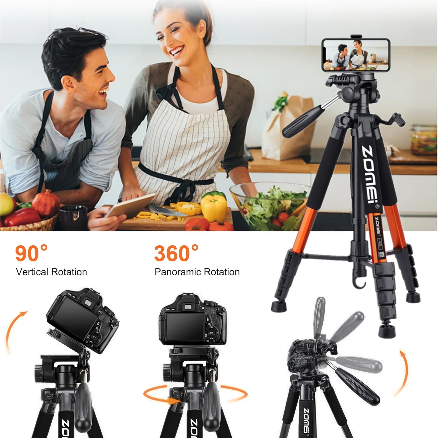 187cm/73\'\' Zomei Floor Tripod for Spotlight Video,360°Rotation Panorama Tripod for Professional Digital Photo Camera Canon Phone