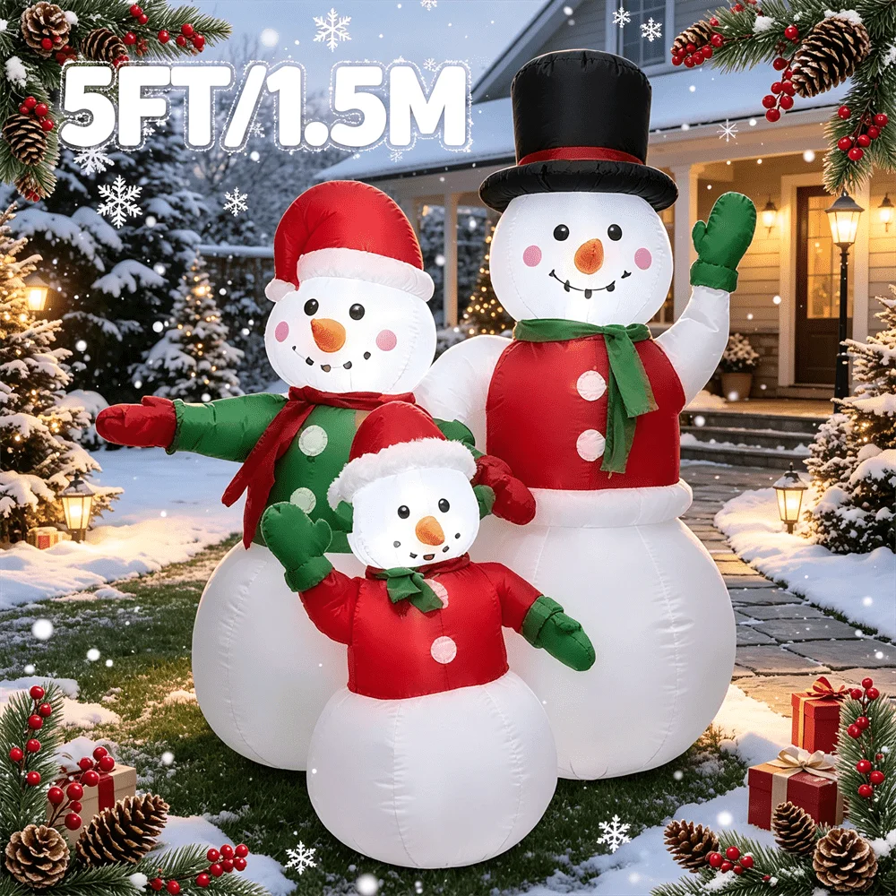 5FT/1.5M Inflatable Model Toy Three Family Snowmen Set with Santa Hat Top Hat Build-in LED Light Christmas Yard Decor