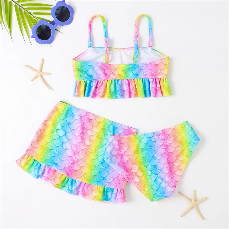 2024 Rainbow Mother Daughter Matching Swimsuits Family Set Mermaid Mommy and Me Swimwear 3pcs Women Girls Bikini Dresses Clothes