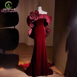 Customized Wine Red Mermaid Evening Dress Banquet Elegant Velvet Flower with Big Bow Party Formal Gowns Vestidos De Noche