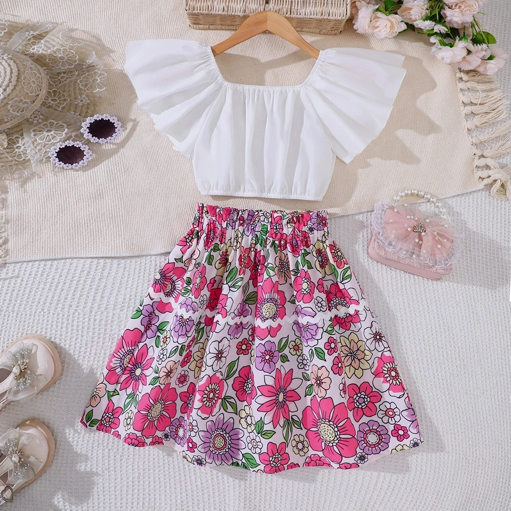 

2025 Kids Girls' Summer Clothes 2Pcs Set Sleeveless Top + Skirt For Vacation Outdoor Girl Dresses Outfits For 8 9 10 11 12 Years