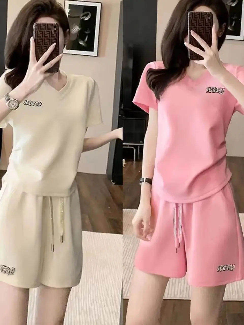

plus Size Fashion Sports Set Summer Short Sleeve Top Wide Leg Shorts Two Piece Set Korean Style High Waist Short Pants V Neck