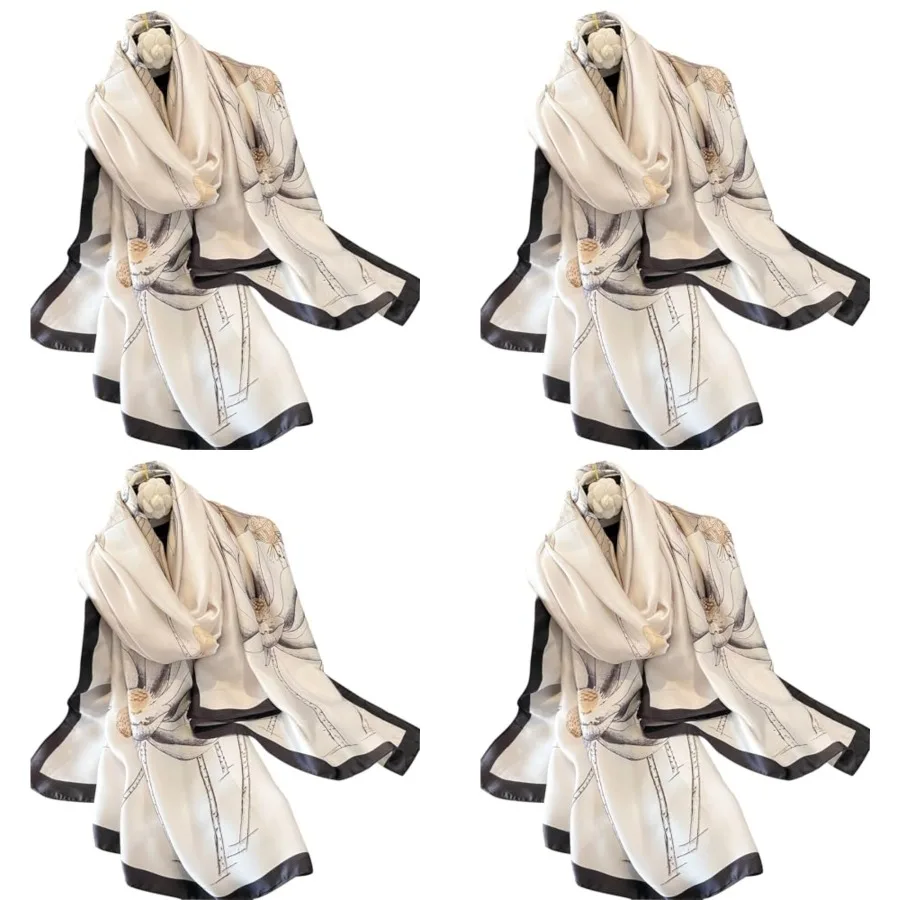 

Womens 100% Large Mulberry Silk Scarf Long Satin Scarf Fashion Lightweight Wraps，Lotus Ink-wash Monochromatic​