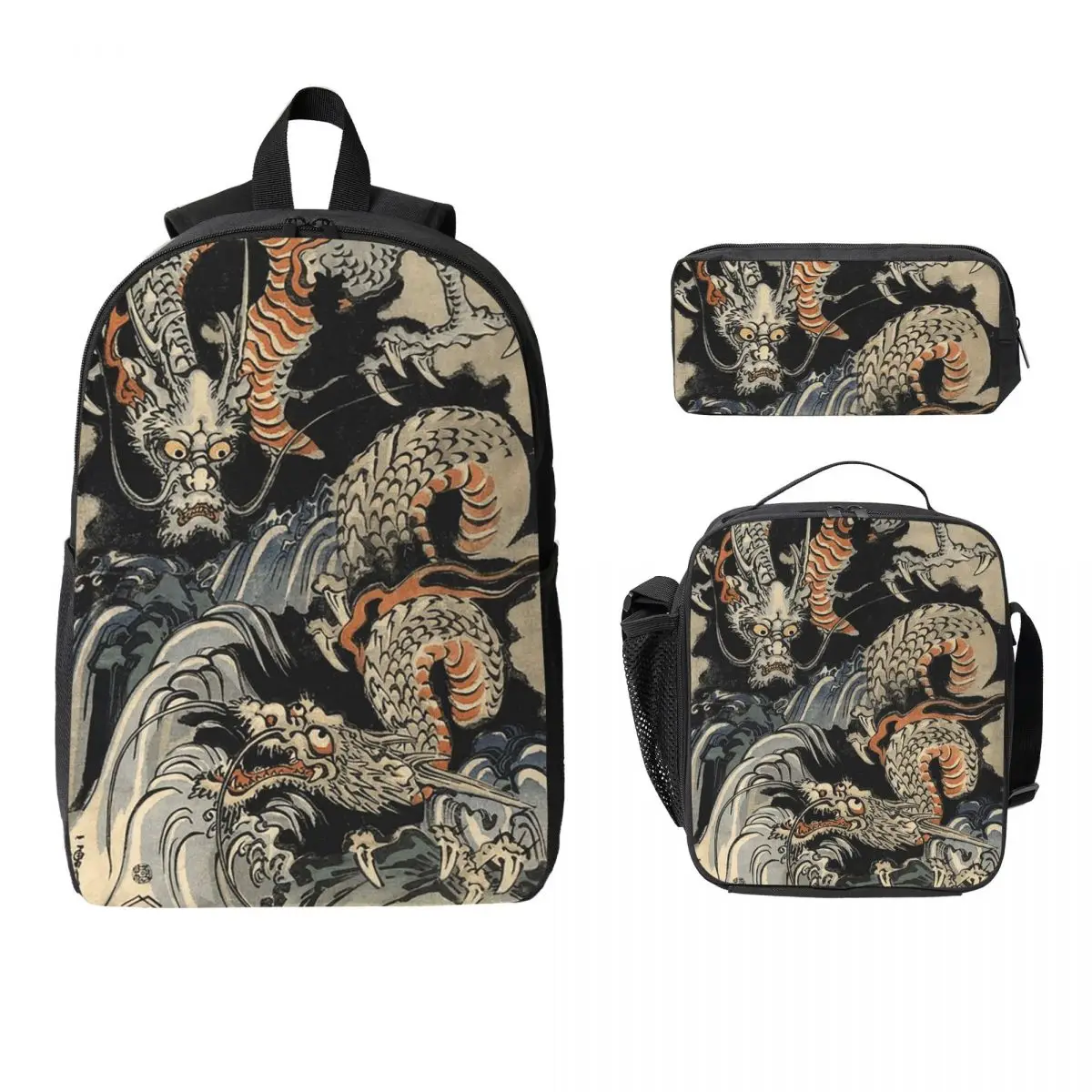 Utagawa Kuniyoshi - Dragons Backpack Student BookBag School Bag Laptop Shoulder Bags 3ps Insulated Lunch Bag Pencil Case