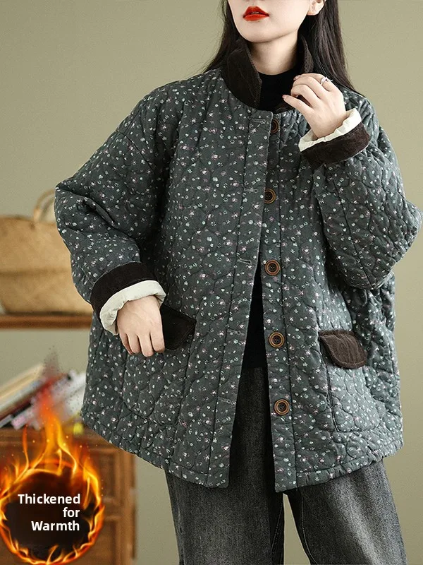 

Authentic Thiened Warm Mid-Length Floral Cotton Jaet Loose Fit Versatile Large Size Cotton Coat for Women Commute Sle