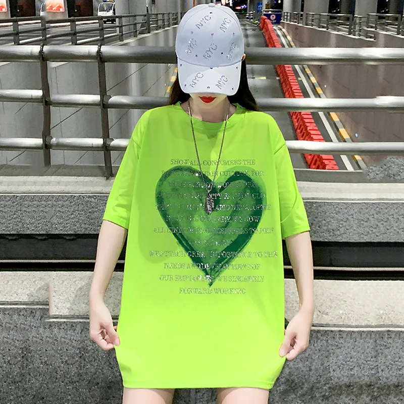 fluorescent green Fashion Women\'s T-shirt For Summer Short Sleeve Pulovers Loose Casual hot drill Cotton Tops T Shirt 4XL 150KG