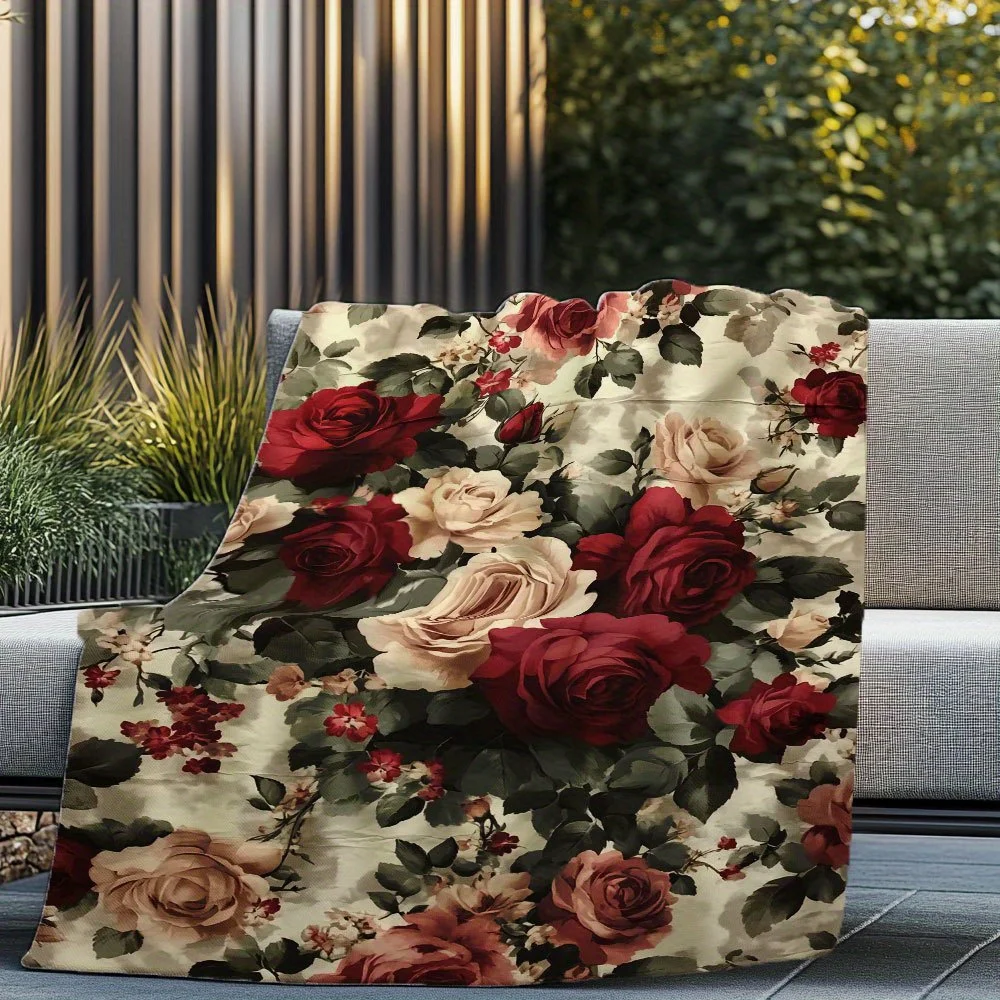 Cozy Vintage Rose Garden Print Flannel Throw Blanket Soft & Warm Blanket with Red Roses, Beige Background & Green Foliage