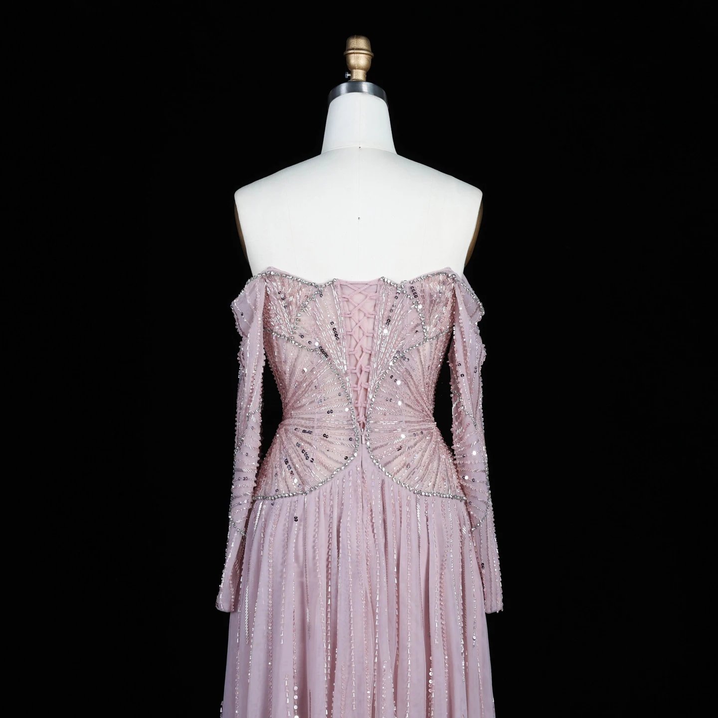 Sharon Said Luxuriöses Rosa Abendkleid, Schulterfrei, Lange Ärmel, Vertikal Perlenbestickt, Fließendes Formelles Kleid für Festliche Anlässe, SS507 Maßanfertigung – Detail 11