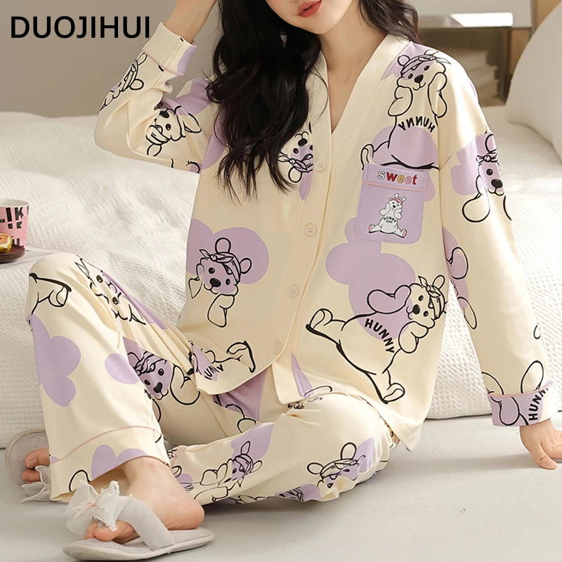 DUOJIHUI Chic with Chest Pad Casual Home Pajamas for Women Autumn New V-neck Cardigan Basic Pant Loose Simple Female Pajamas Set