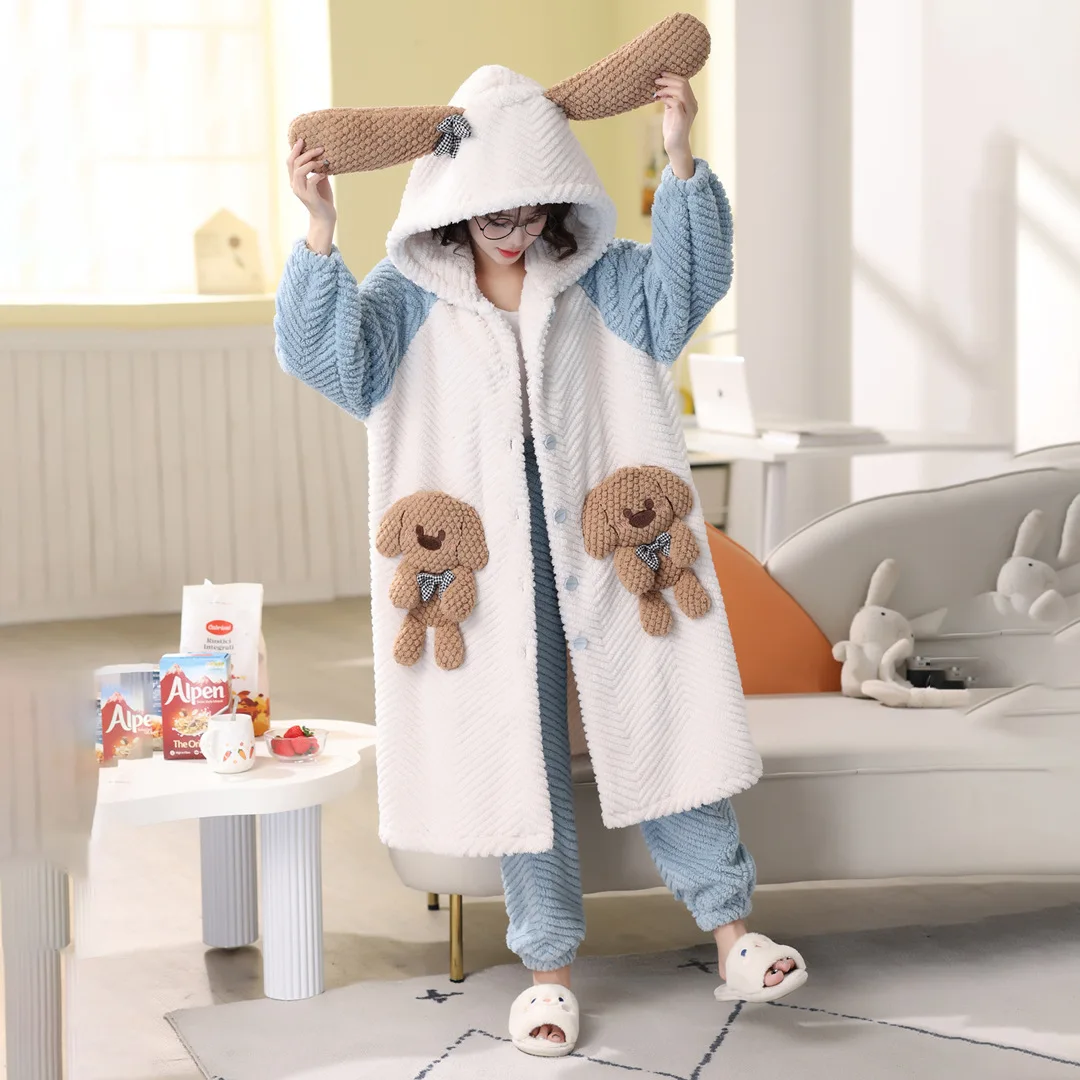 2023 Winter Hooded Long Sleeve Nightgown With Pants Warm Flannel Pajamas Set for Women Cute Cartoon Doll Bear Cosplay Bath Robe