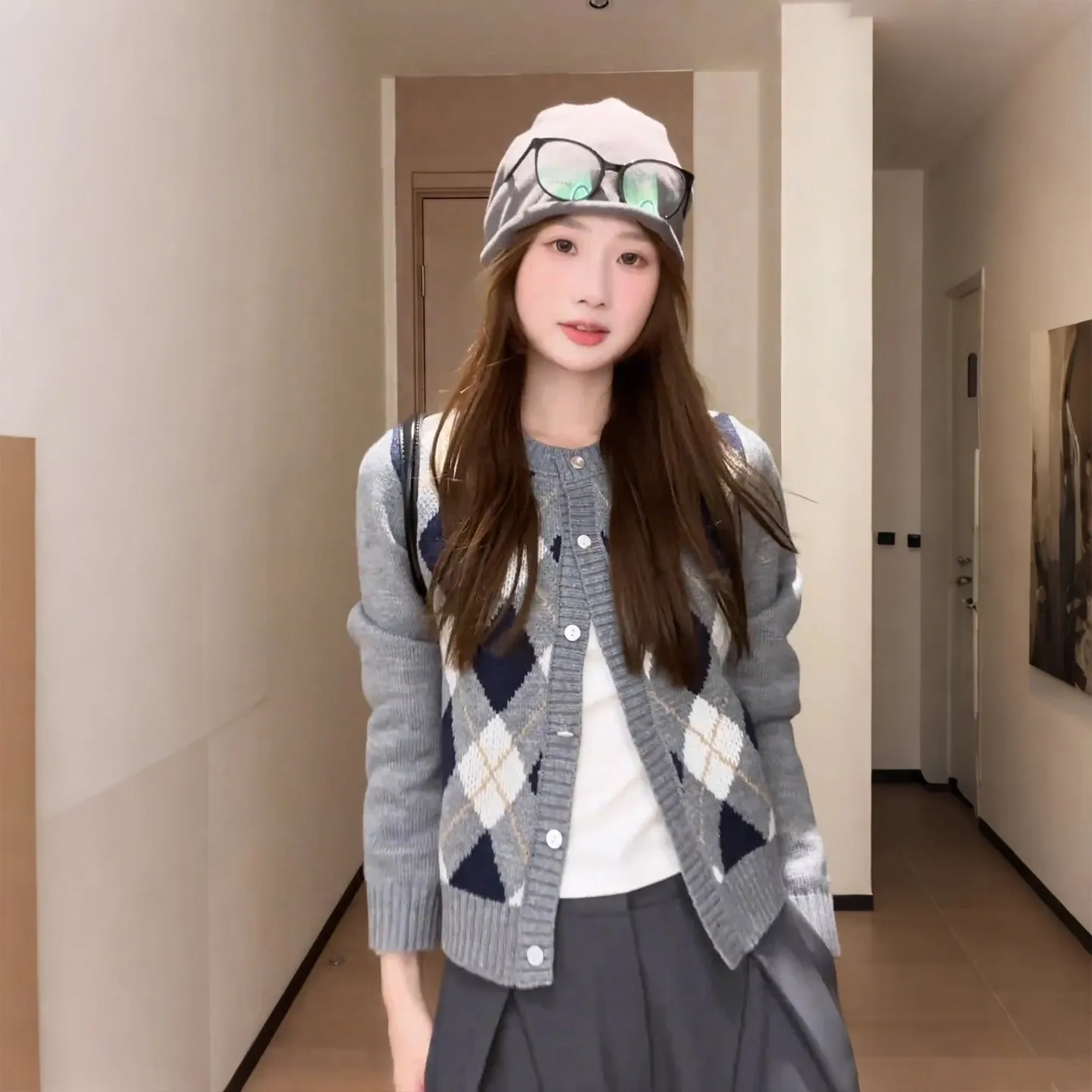 الكورية Sle ey Long Sve سترة معطف المرأة الخريف تصميم محبوك المعين نمط زر حتى سليم صالح جولة Ne الأعلى #1