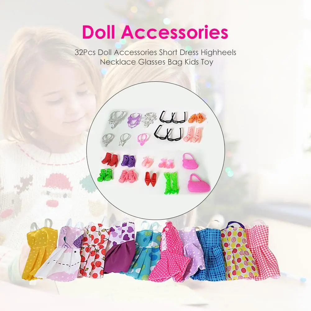 

32pcs Doll Accessories Short Dress Highheels Necklace Fashion Party Creative Portable Children Kids Toys Christmas Gifts