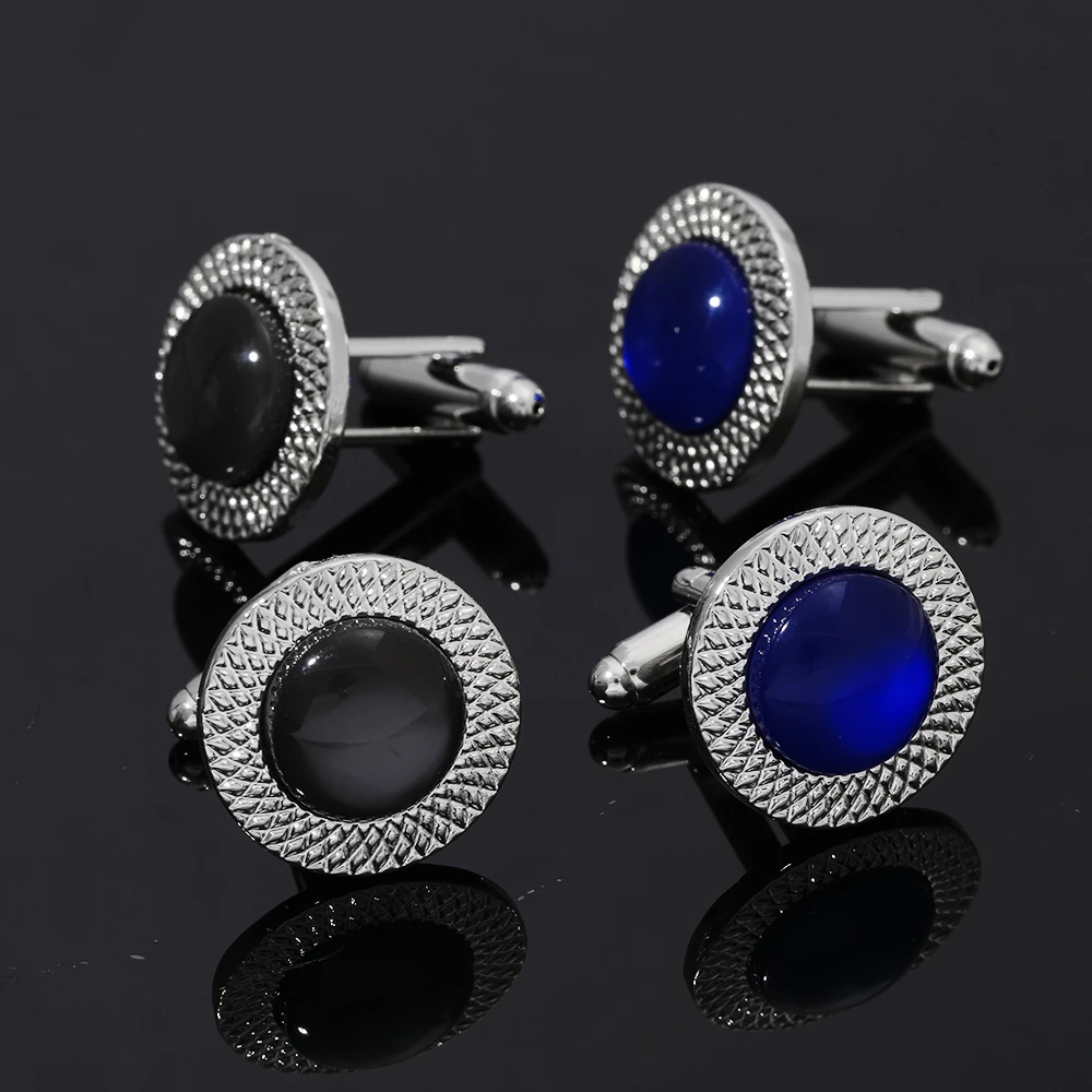 

Trendy Mens Blue And Black Colors Glass Cabochon Dust Round Cufflinks For French Shirt Suit Jewelry