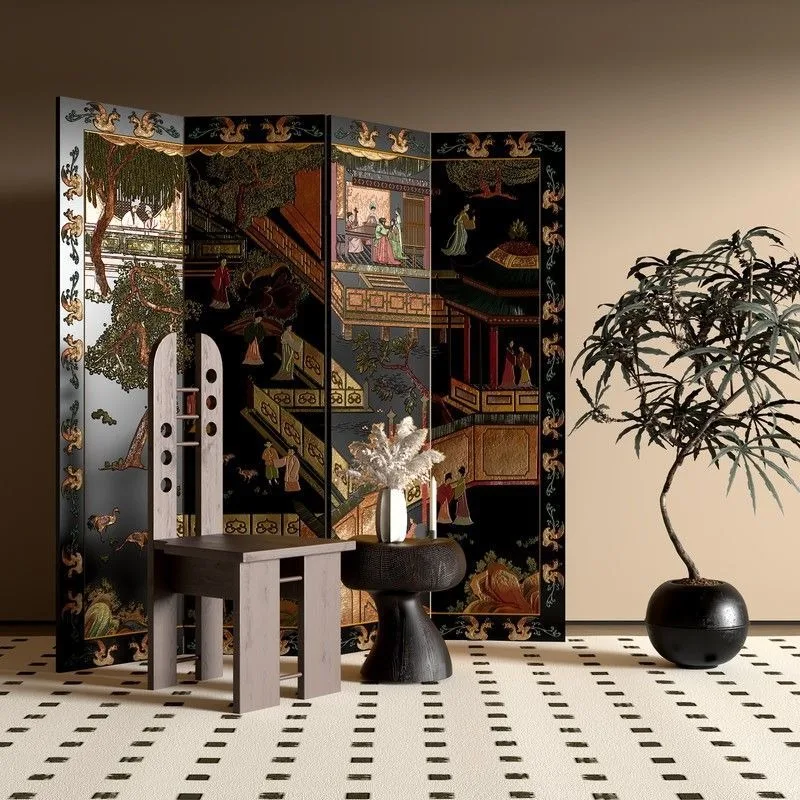 painting screen foldable mobile partition baffle wabi sabi medieval style solid wood lacquer painting office hotel entrance