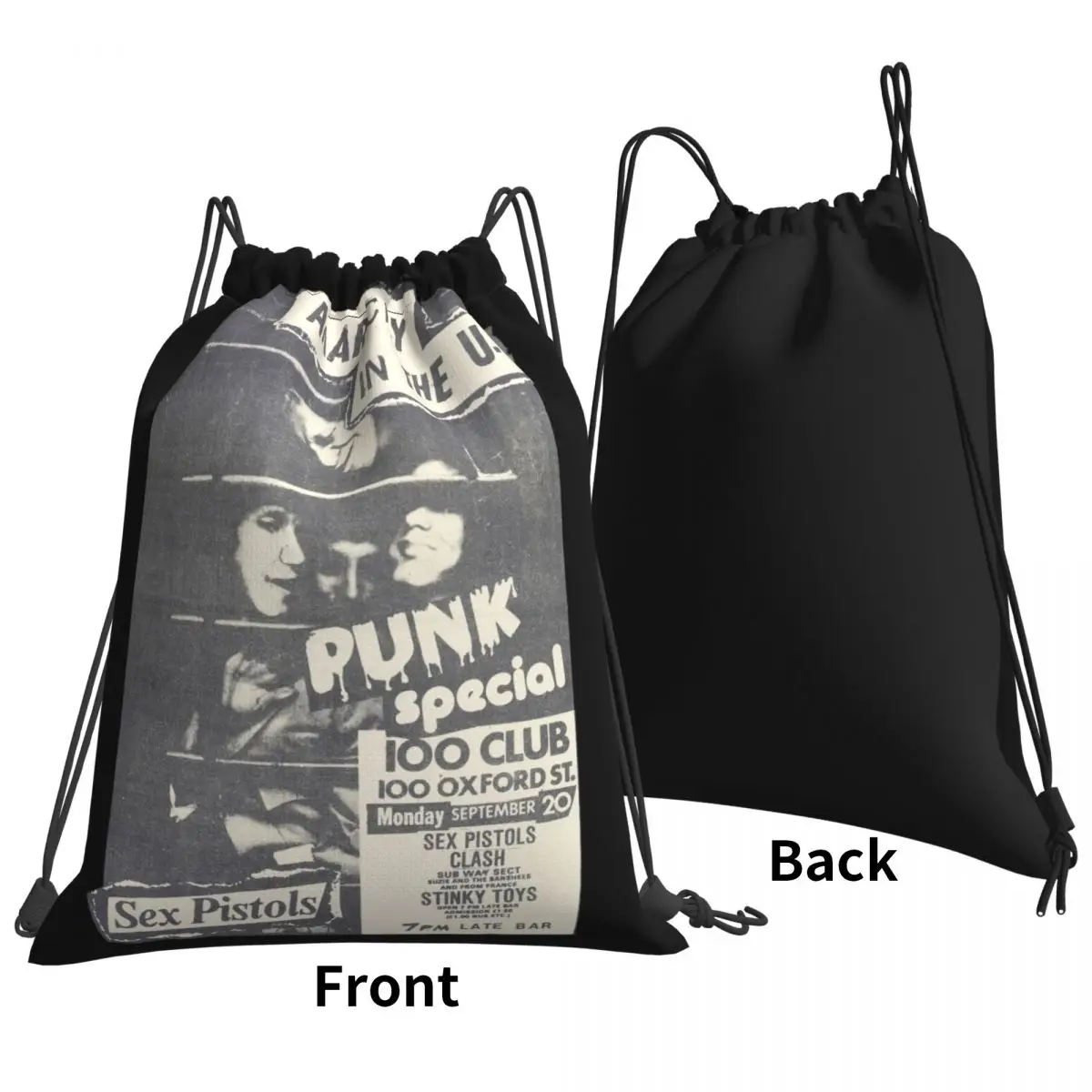 Sex Pistols-Anarchy In The Uk-100 Club Punk Natural Drawstring Bags Gym Bag Backpack School Sport Bag