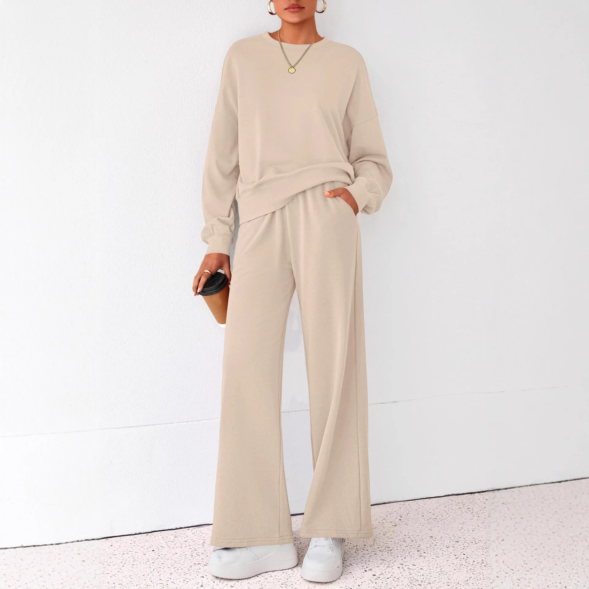 

Autumn and winter two-piece lazy wind crew neck jumper wide-leg pants travel sports and leisure suit