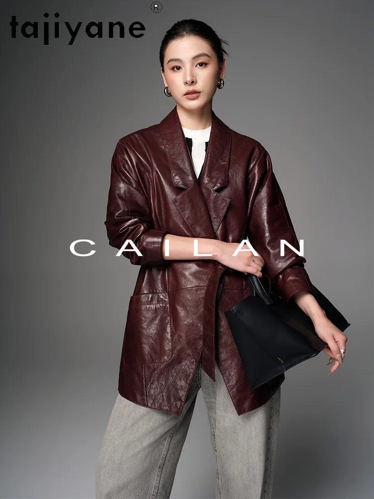 TAJIYANE Giacca in Vera Pelle di Capra Cerata a Olio, Lunghezza Media, Cappotto alla Moda con Cintura, Abbigliamento Autunno 2025, Дубленка