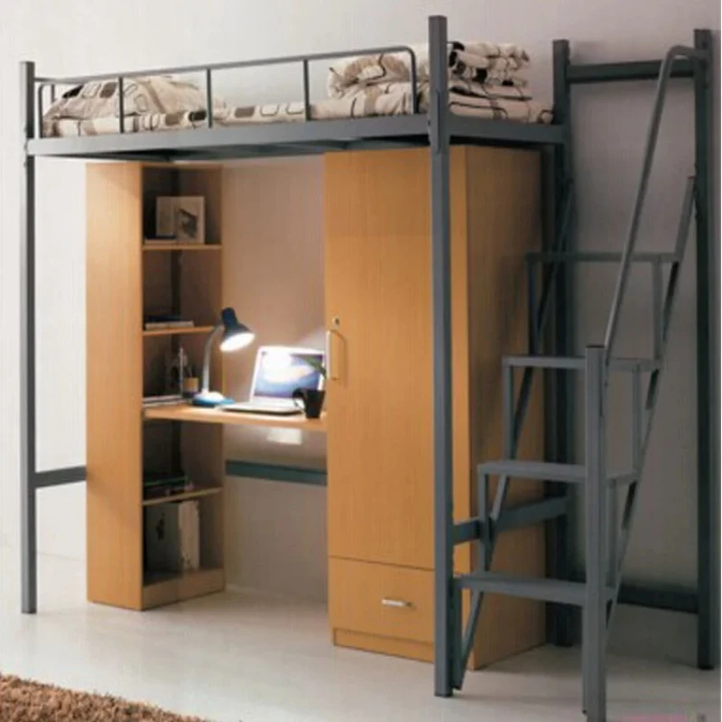 

Modern loft bed with contemporary furniture desk in boarding school dormitory
