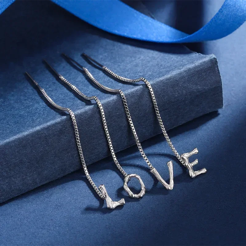 LATS 1PC Silver-Plated English 26 Letter Chain Tassel Earrings for Women Girl Versatile Studs Earring Fashion Jewelry Gift