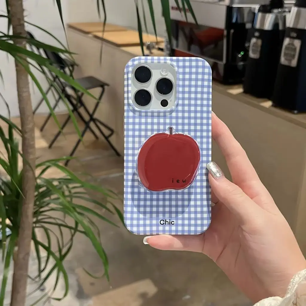 Ins Simplicity Blue Plaid Red Fruit With Holder Cover Case For iPhone 15 14 13 12 11 Pro Max Shockproof Protective Phone Case