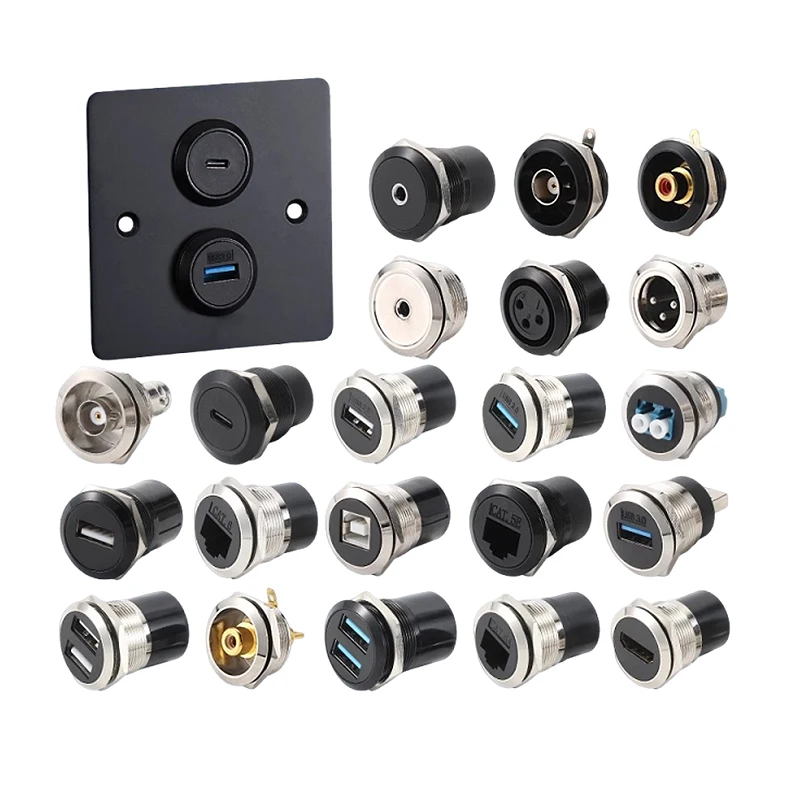 1pc C-type USB3.0 Panel Socket Metal 22mm Circular Dual USB 2.0/3.0 Thread Module Connector USB Interface Type-C HDMI Plug Socke