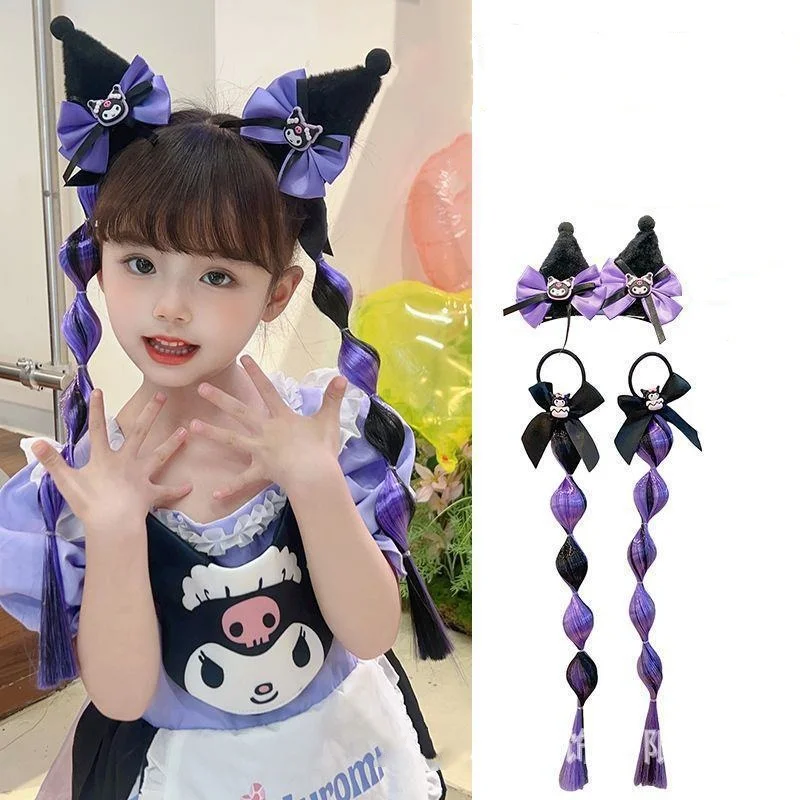 

4pcs Sanrio Kuromi Hair Claw Wig Set Sweet Cute Little Girl Bow Braid Wig Plush Hair Claw Children Wig Braid Hair Accessories