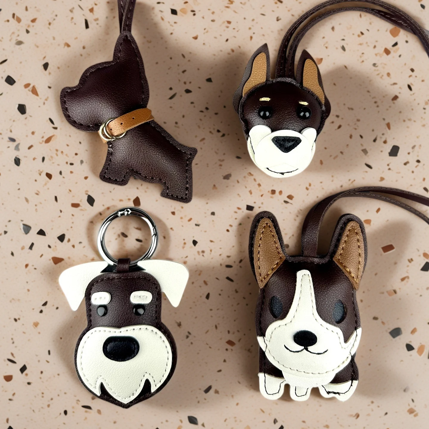 Chocolate Brown PU Leather Dog Bag Charms-Schnauzer French Bulldog Doberman Corgi Pendant for Bags, Perfect Gift for Dog Owners