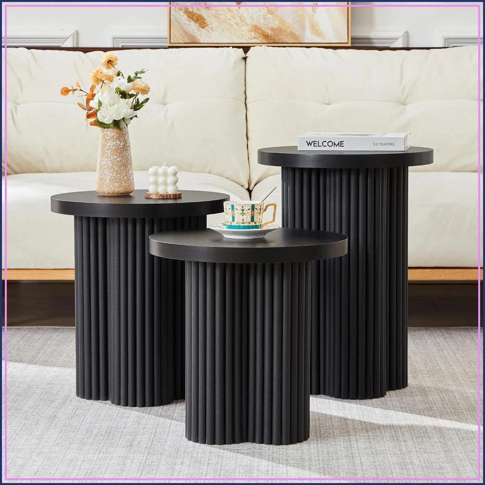 Round Nesting Coffee Table Set of 3 Fluted Coffee Table Black