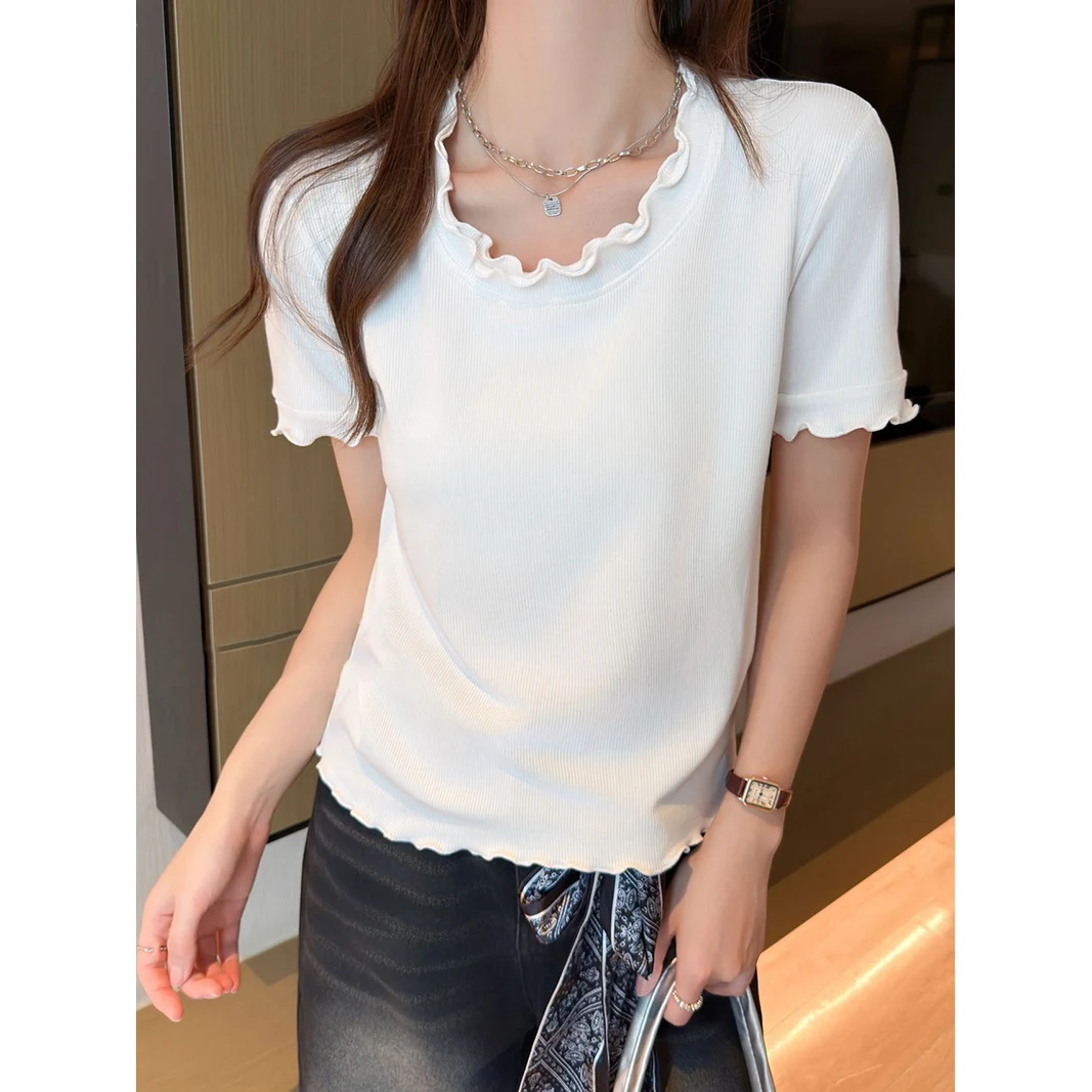 Slim Fit Casual Style Short Sleeve U-Neck T-Shirt Women's Fashionable Versatile Summer New Arrival Double Zipper Detail