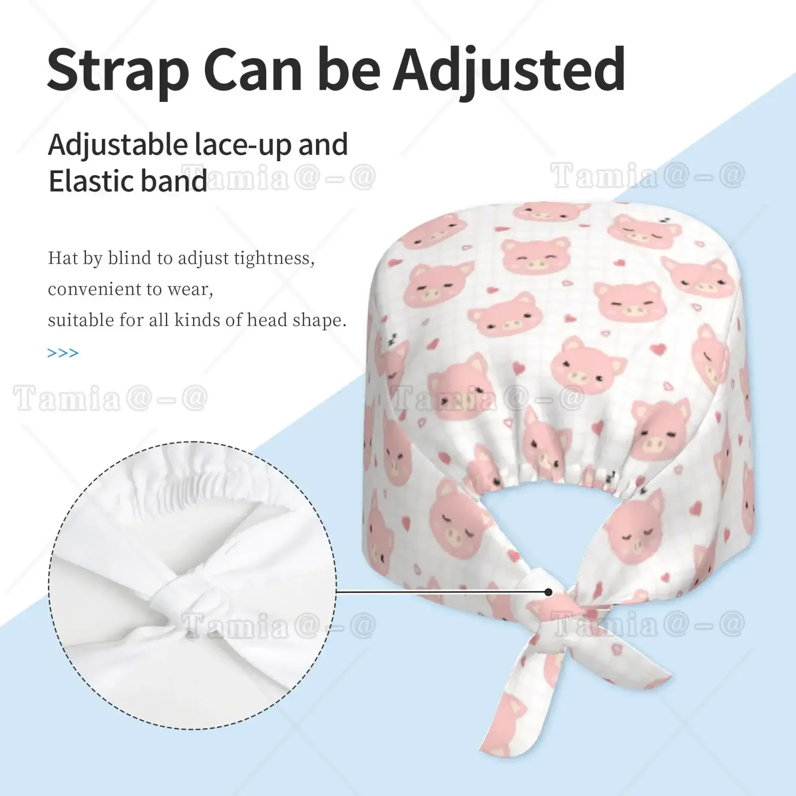 Cute Pig Breathable Work Cap for Male and Female Nurses and Doctors  Cap with Elastic Band and Drawstring Rear End Cap