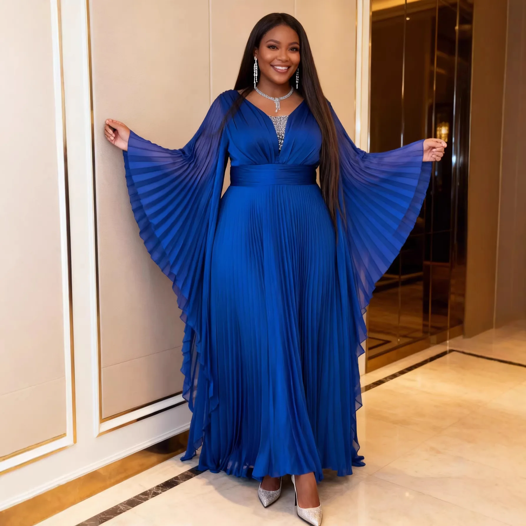 

Africa Clothing Elegant A Line Party Dress Long Sleeves Woman for Weddings Pleated Mother of The Bride Dress Customized