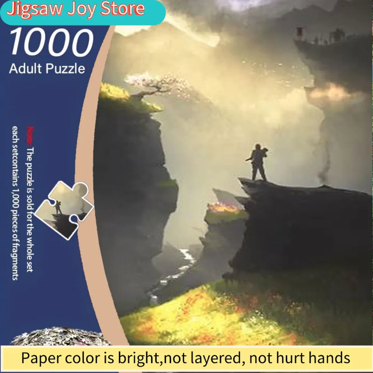 

Пазл для взрослых на 1000 элементов - Человек, стоящий на краю скалы в пещере, с желто-зеленым светом и дымом. Подходит для