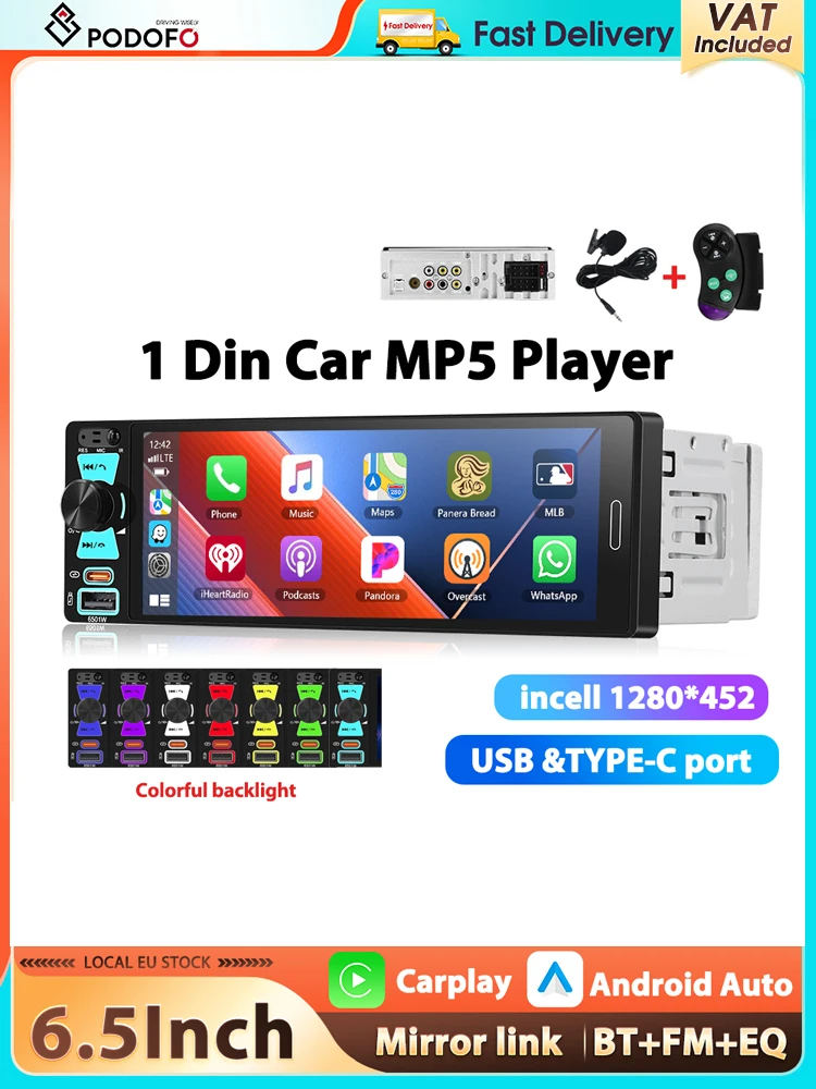 Podofo 6,5'' 1Din Autoradio Kabelloses Carplay Android Auto Multimedia-Player FM/AM/RDS Mirror Link Bluetooth USB & TYPE-C Auto-Audio