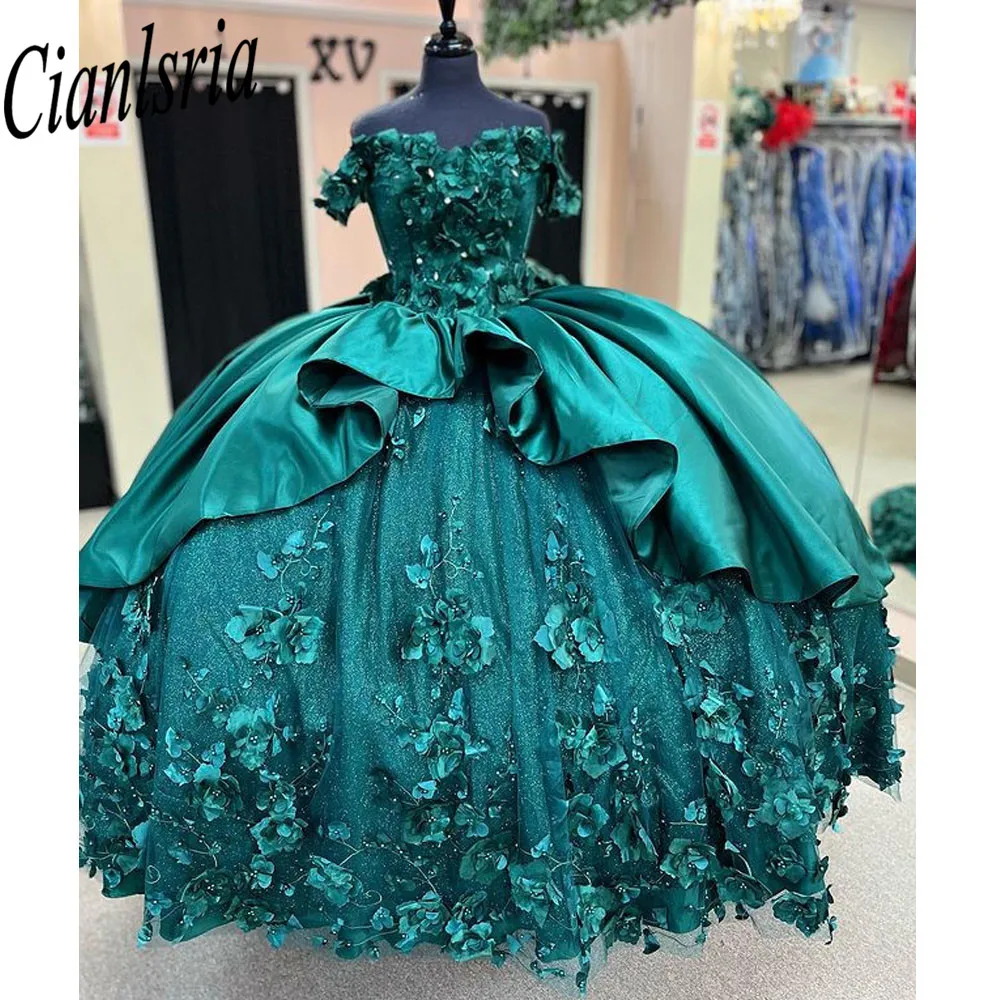 Vestido de quinceañera verde con hombros descubiertos, apliques de lentejuelas, tren de barrido, dulce vestido de fiesta de 15 años