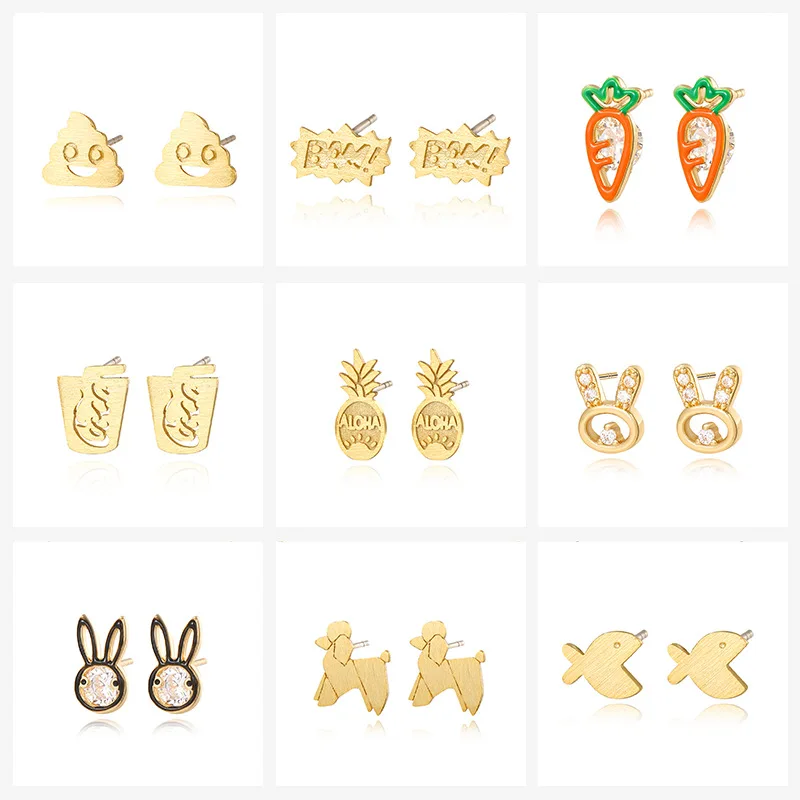 Kenjie copper sheet stamping cute carrot rabbit stud earrings silver needle women's fashion simple and cute shape treatment