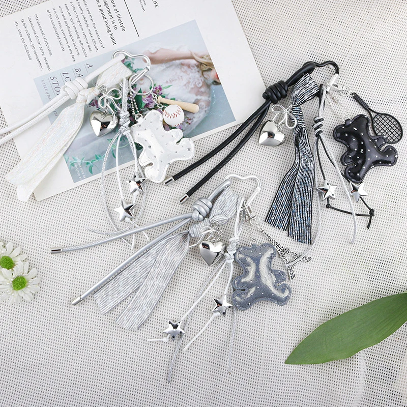 Colorful Leather Braided Rope Keychain Little Bear Charm Pendant Keyring Fashion Simple All-matching Bag Decoration Accessories