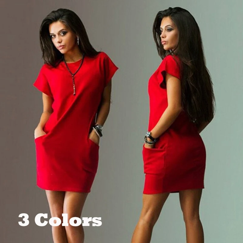 Women\'s tricolor S-2XL dresses short-sleeved summer fashion large size slim commuter dresses solid color