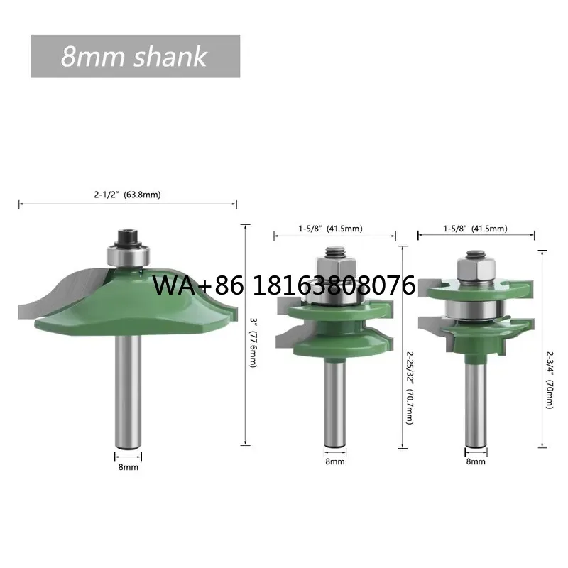 8mm Shank Frame & Panel Router Bit 3-Piece Set, Cabinet Door Tenon Cutter Kit for Woodworking Woodworking Machinery Parts
