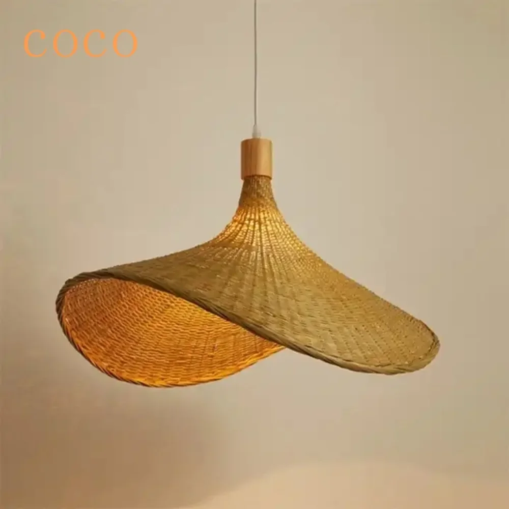 Modern LED Pendant Light Rattan Hanging Lights Cord Bamboo Hanging Lamp Dimmable Basket Hemp Rope Plug in Ceiling Lighting