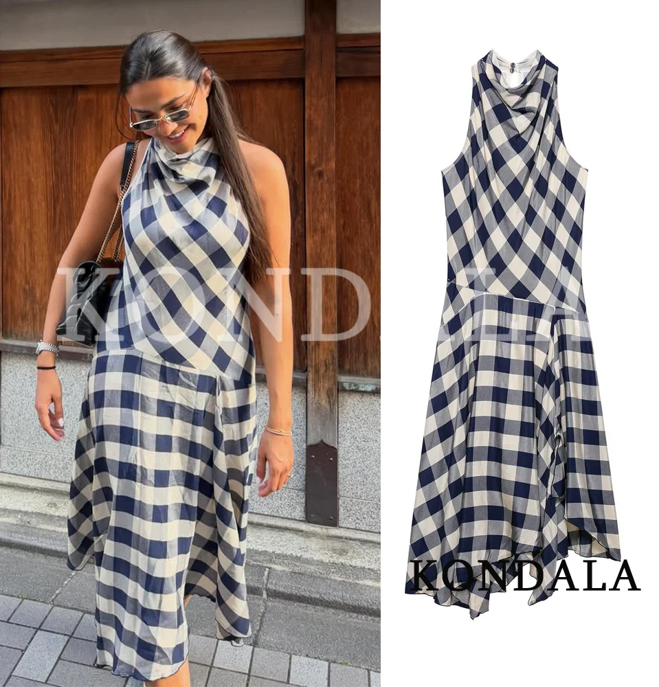 Damen Freizeit Kariertes Neckholder-Maxikleid KONDALA 2026 Sommer Trendiges Elegantes Urlaubskleid für Dinner, Dates und Casual-Anlässe