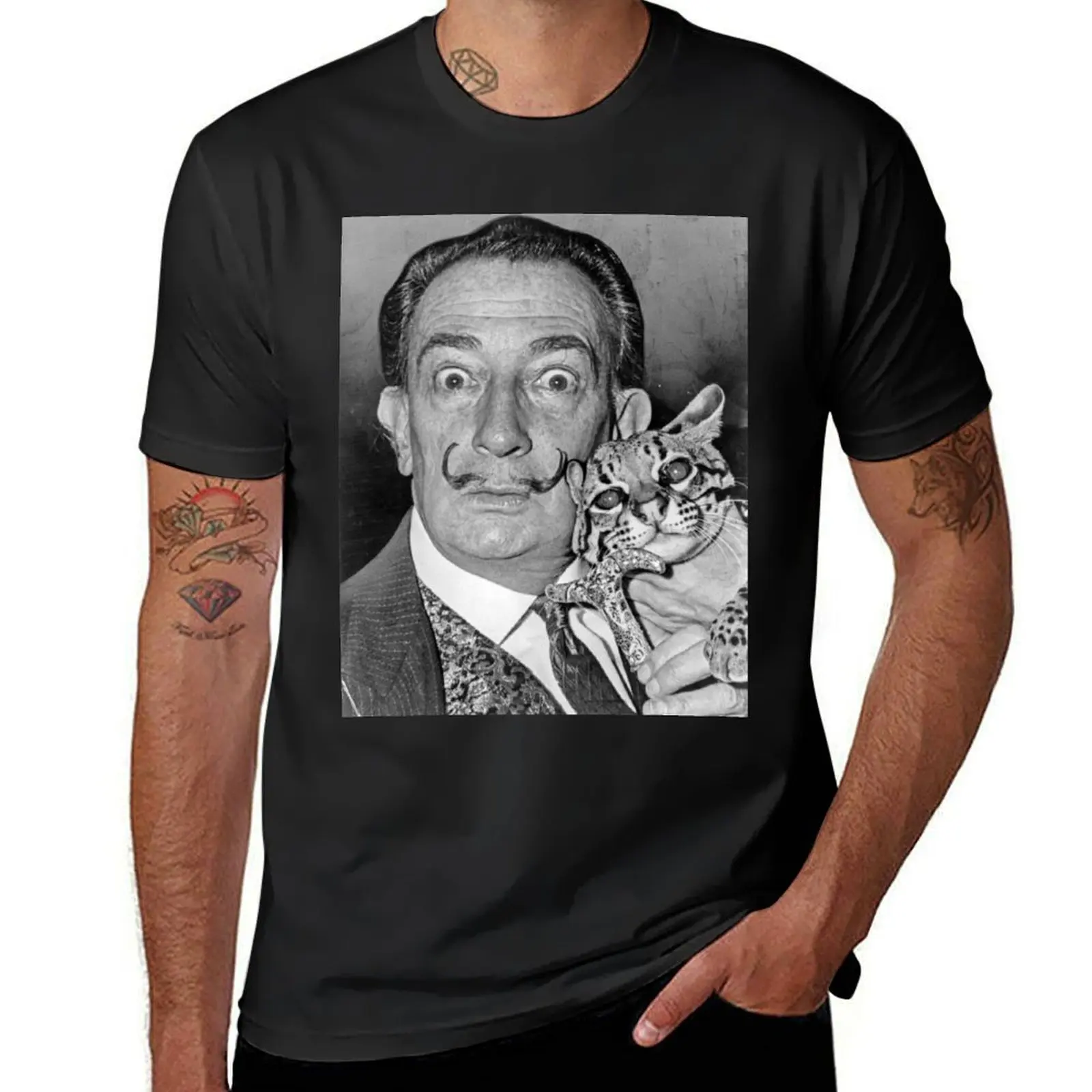 Salvador Dali photo with ocelot and cane. T-Shirt boys whites Aesthetic clothing quick drying mens champion t shirts