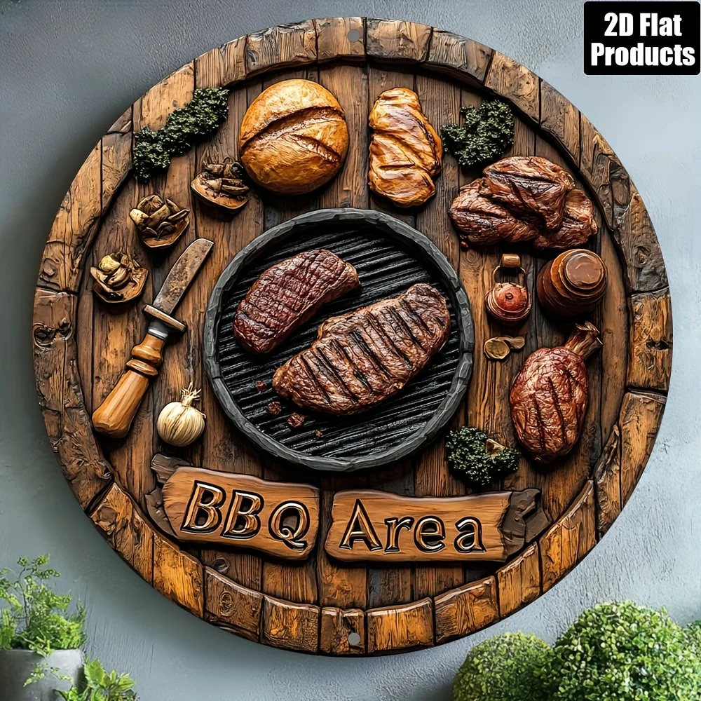 2D Flat, 1pc Vintage BBQ Sign Metal Wall Decor Plaque - 8x8 Inch Round Aluminum Sign with Grilled Meats & Wooden Plank Design, P