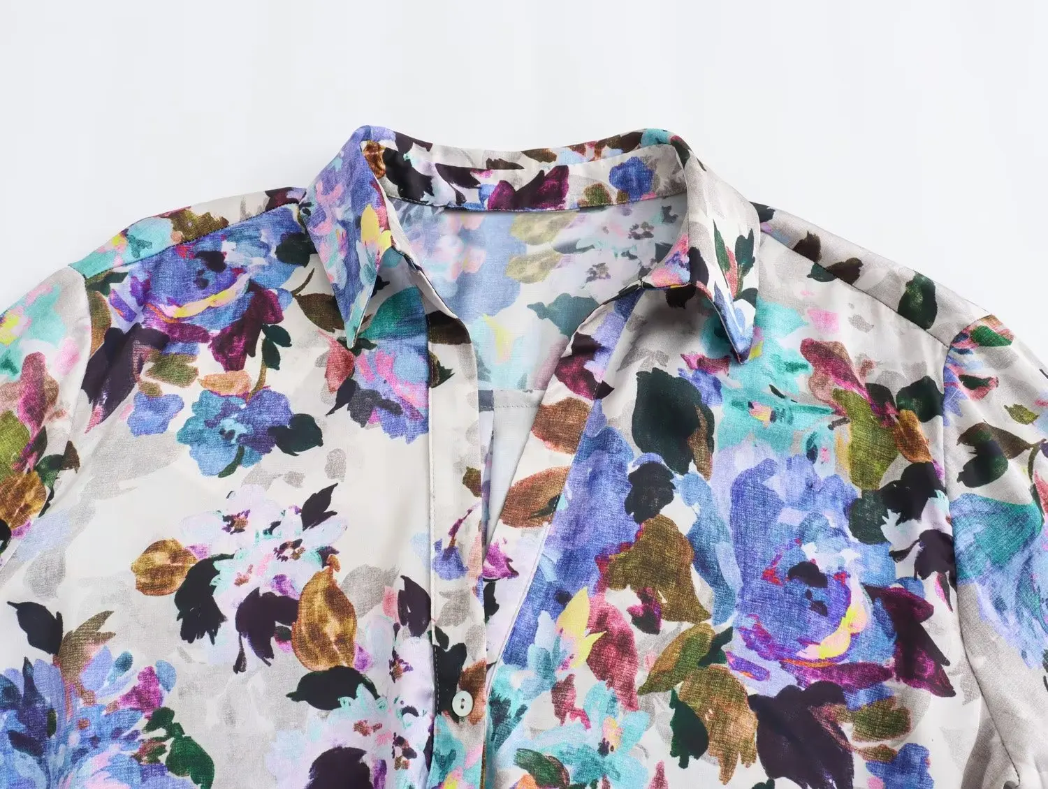 Women's Floral Printed Silk Shirt Satin Texture Shirt Fashion Autumn