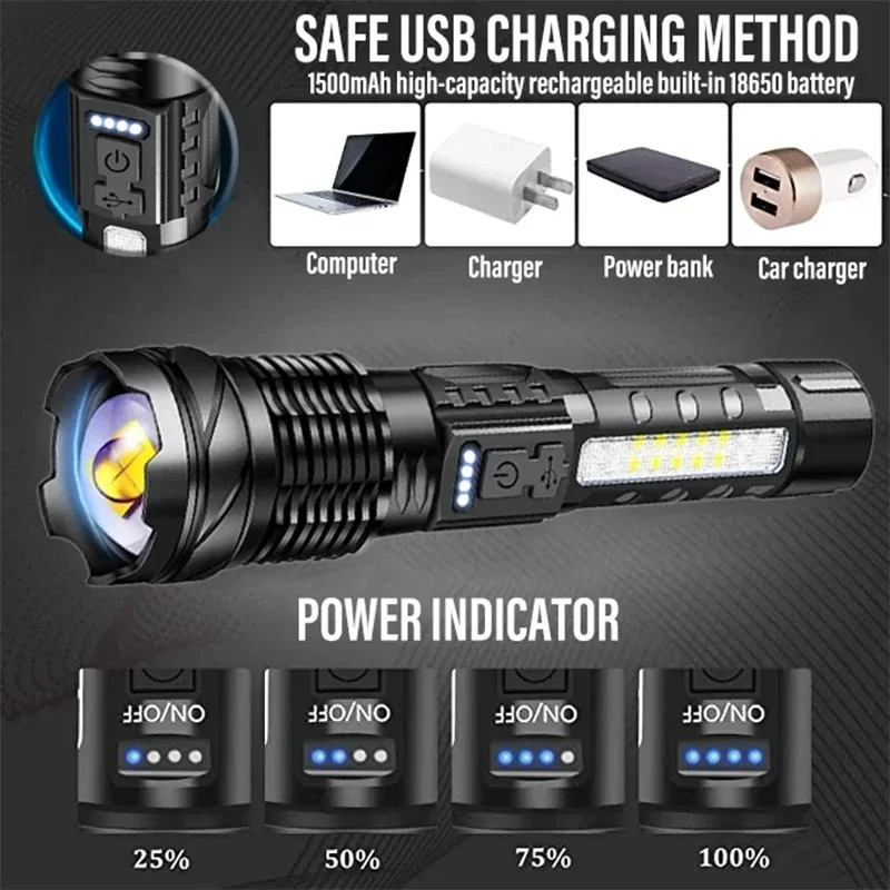 High Strong P70 Led Flashlights Telescopic Zoom Tactical Emergency Spotlights Built-in Battery USB Rechargeable Camping Torch