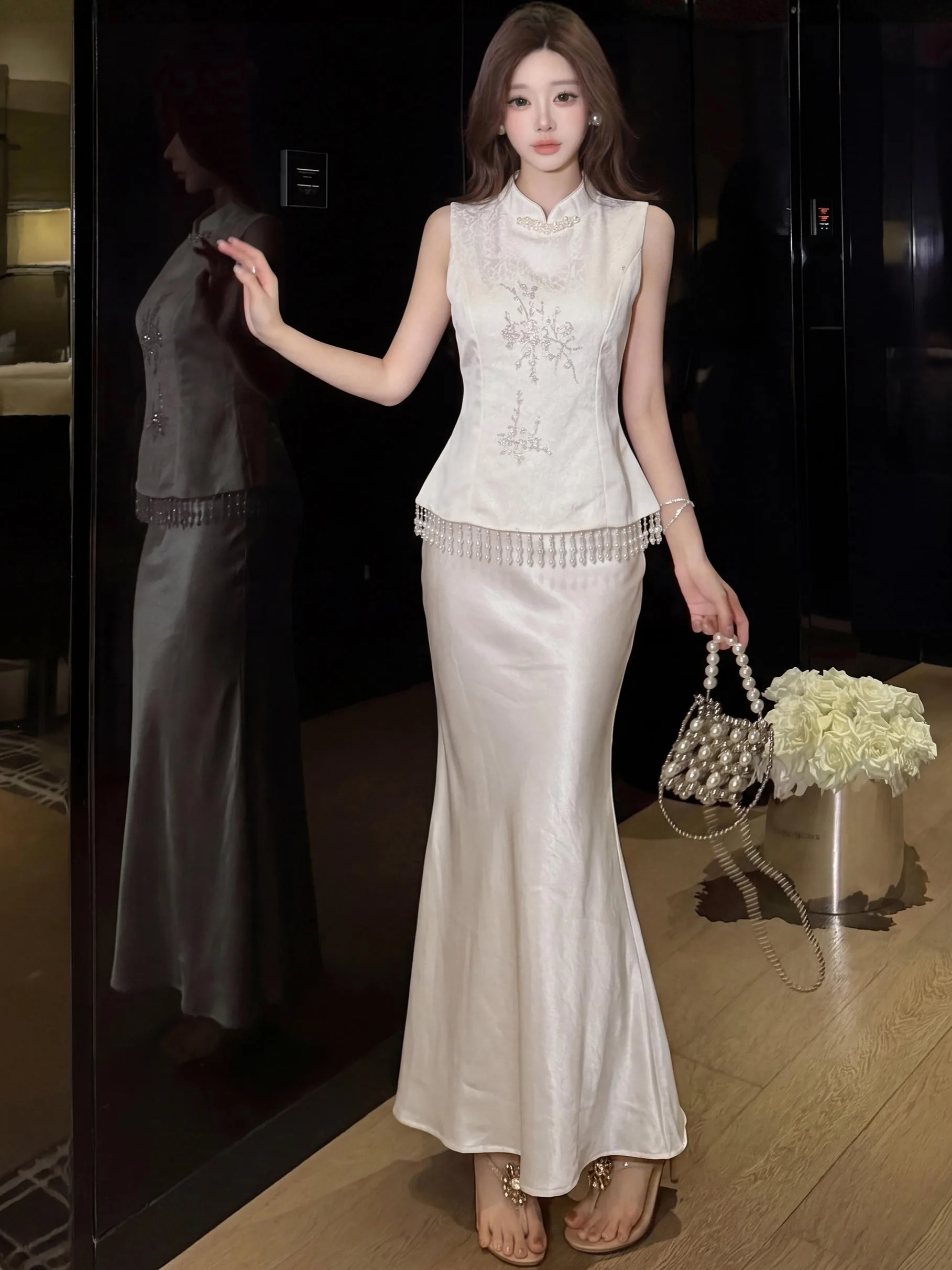 

New Chinese Style Classical National Trend Set High Waist Silk Half Skirt Women Summer Fashion Ensemble Elegant Top And Skirt