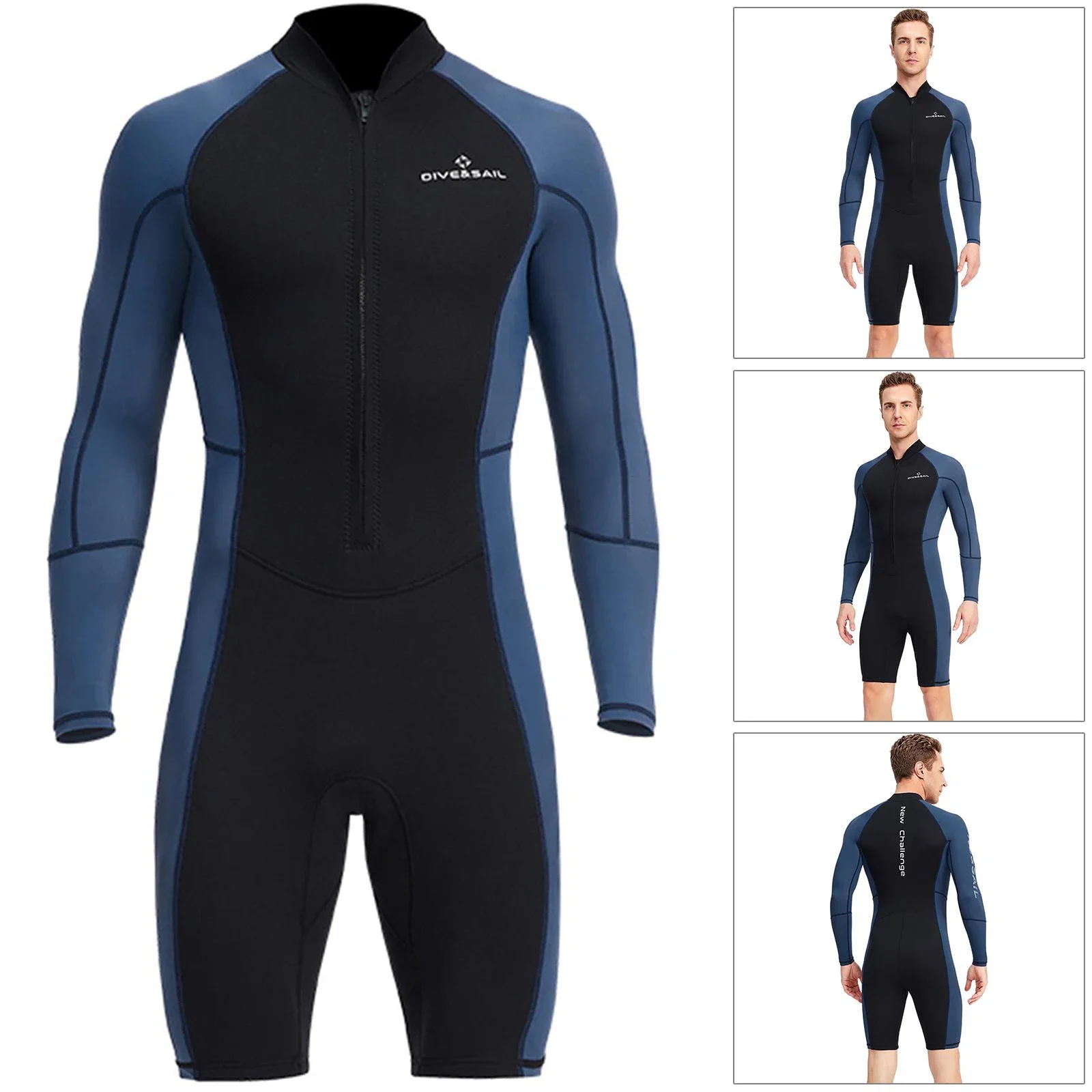 1.5mm Neoprene Shorty Mens Wetsuit UV-proof Front Zip Lycra Long Sleeves Diving Suit for Underwater Snorkeling Swimming Surfing